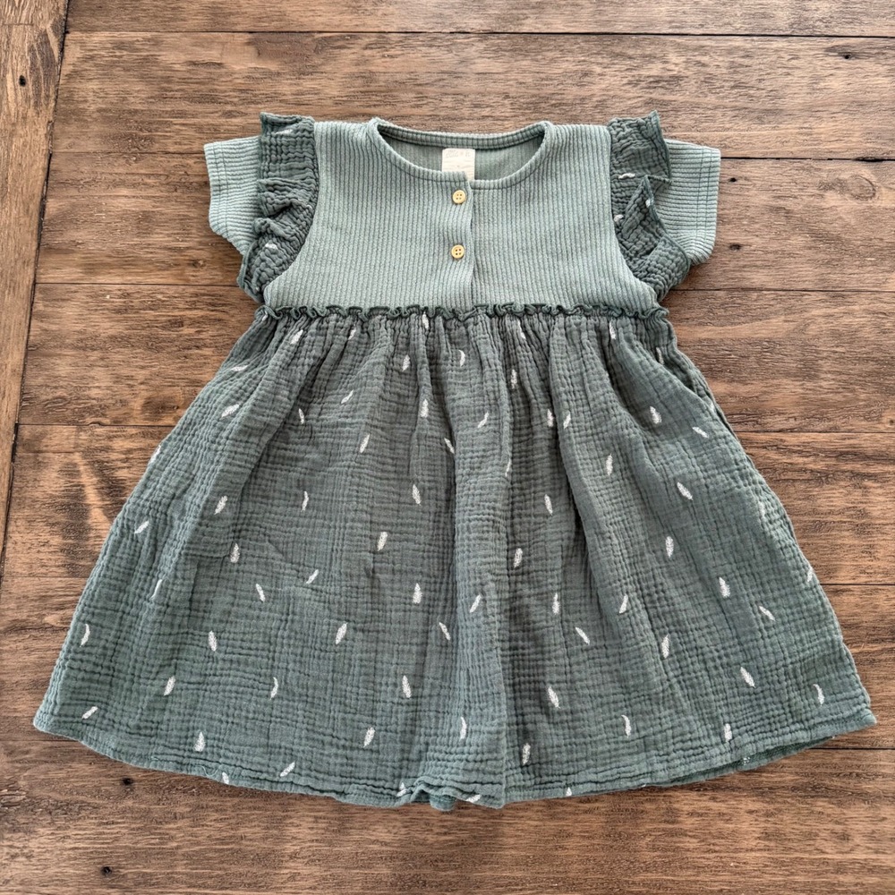Ettie + H Girls Sage Green Cotton Gauze Feather Embroidered Ruffle Dress 4Y